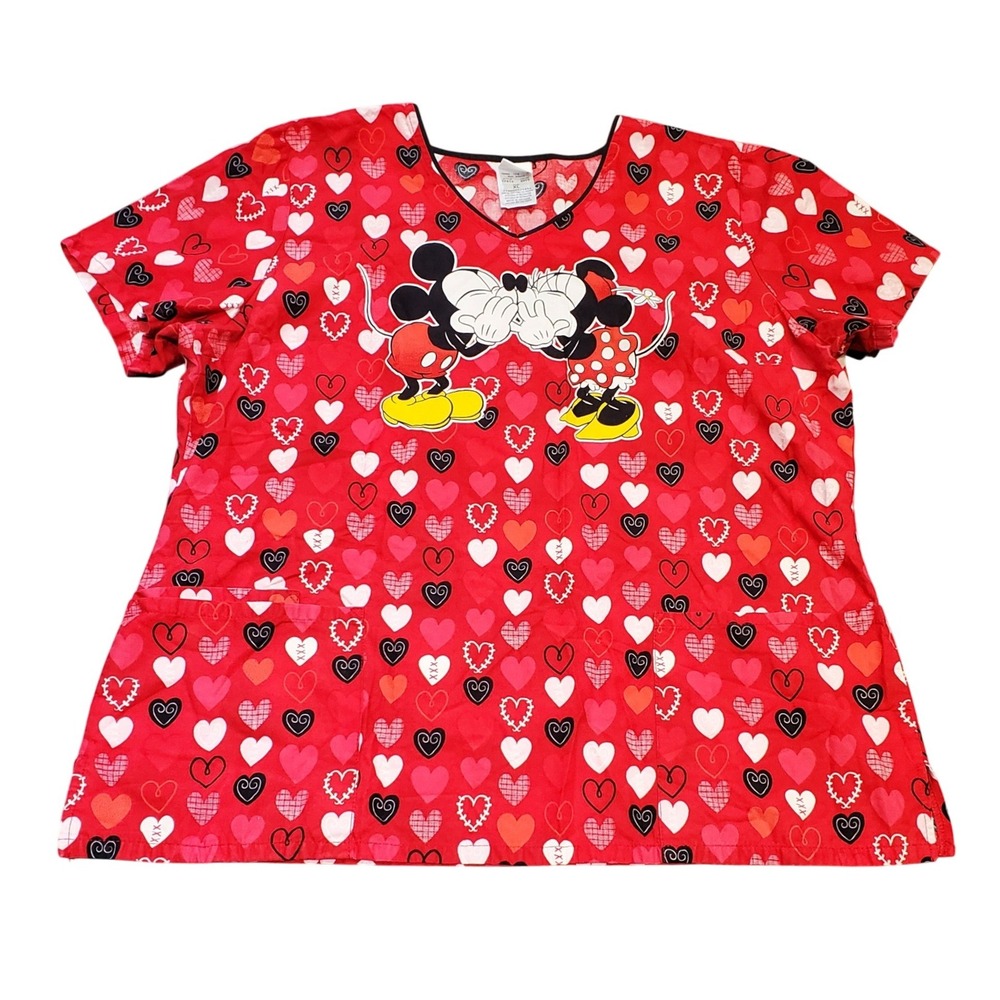 Tooniforms Disney Scrub Top XL TF614 Mickey Minnie Mouse My Secret Red‎ Hearts